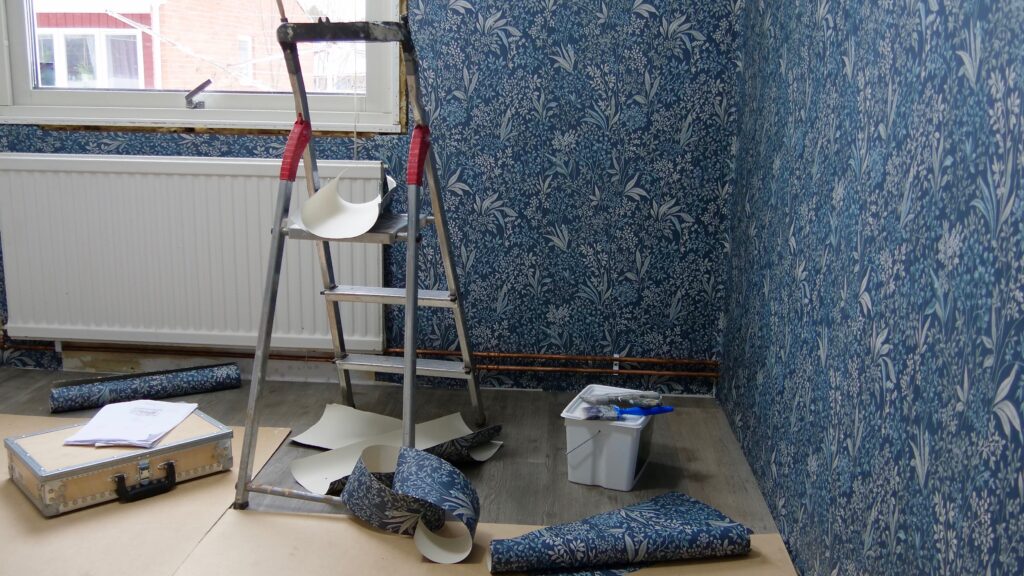 Wallpapering renovation at home with ladder and ma 2026 03 15 23 31 32 utc